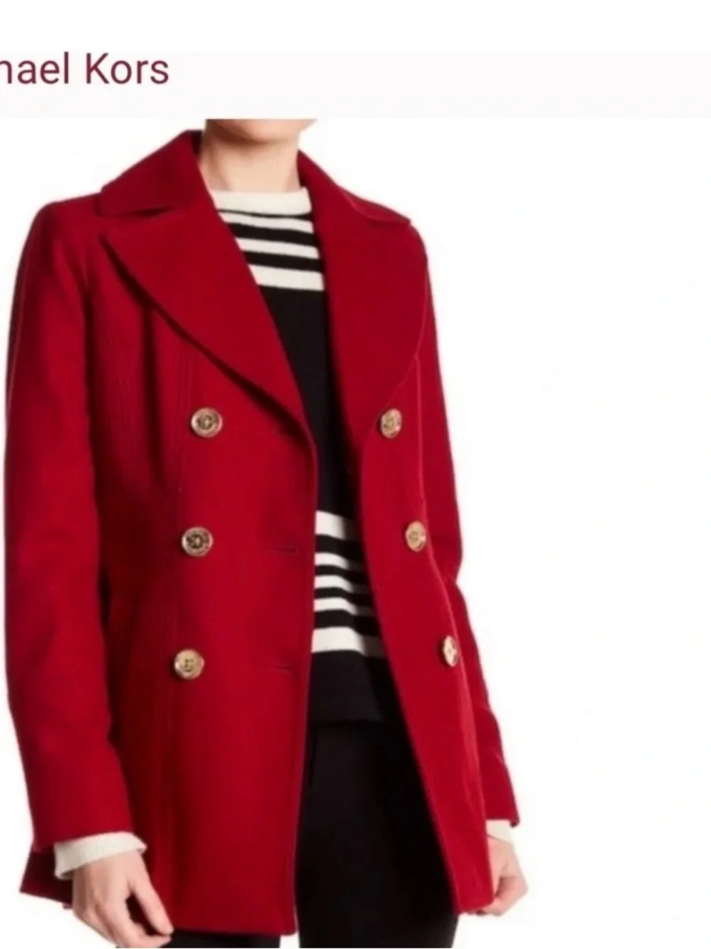 Michael Kors Red Double-Breasted Peacoat with Gold Buttons